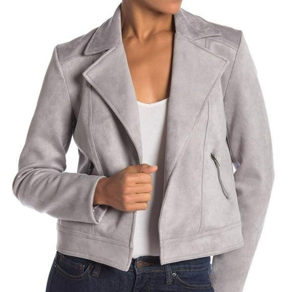 PHILOSOPHY Women’s Faux Vegan Suede Gray‎ Moto Jacket Open Front Cropped Size S - Picture 1 of 16